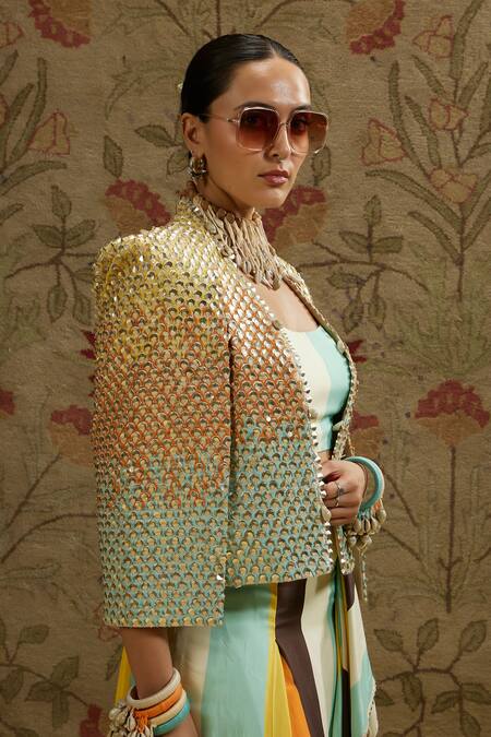 Shop_Sva By Sonam & Paras Modi_Multi Color Silk Beads Open Neck Multicolored Embellished Jacket And Skirt Set_Online_at_Aza_Fashions