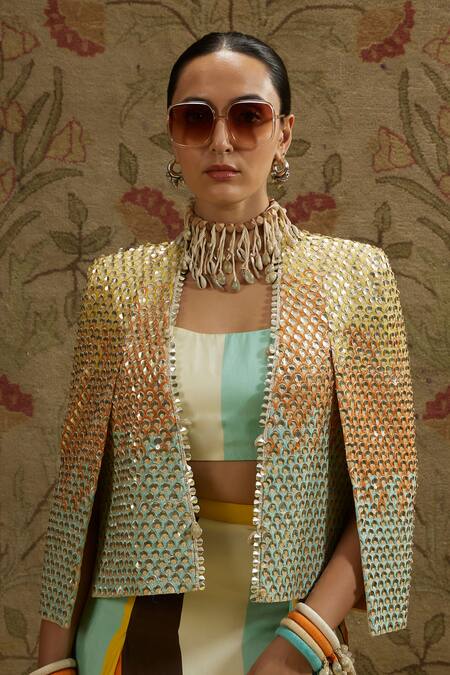 Sva By Sonam & Paras Modi_Multi Color Silk Beads Open Neck Multicolored Embellished Jacket And Skirt Set_at_Aza_Fashions
