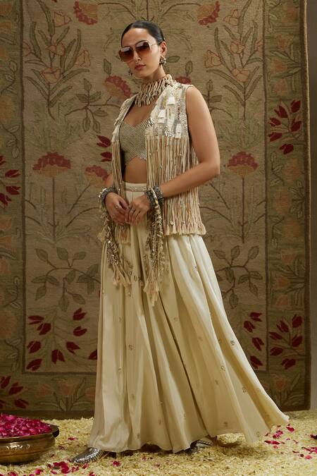 Sva By Sonam & Paras Modi_Ivory Silk Embroidery, Fringe Round , Open Jacket And Flared Pant Set_Online_at_Aza_Fashions