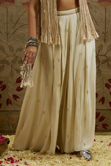 Buy_Sva By Sonam & Paras Modi_Ivory Silk Embroidery, Fringe Round , Open Jacket And Flared Pant Set_Online_at_Aza_Fashions