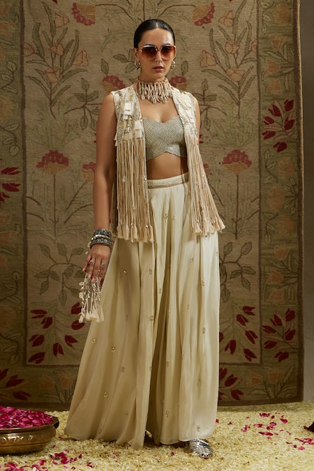 Sva By Sonam & Paras Modi_Ivory Silk Embroidery, Fringe Round , Open Jacket And Flared Pant Set_at_Aza_Fashions