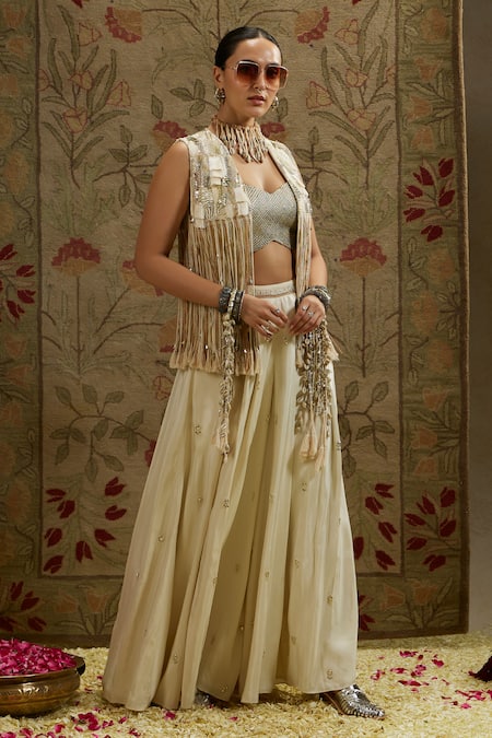 Buy_Sva By Sonam & Paras Modi_Ivory Silk Embroidery, Fringe Round , Open Jacket And Flared Pant Set