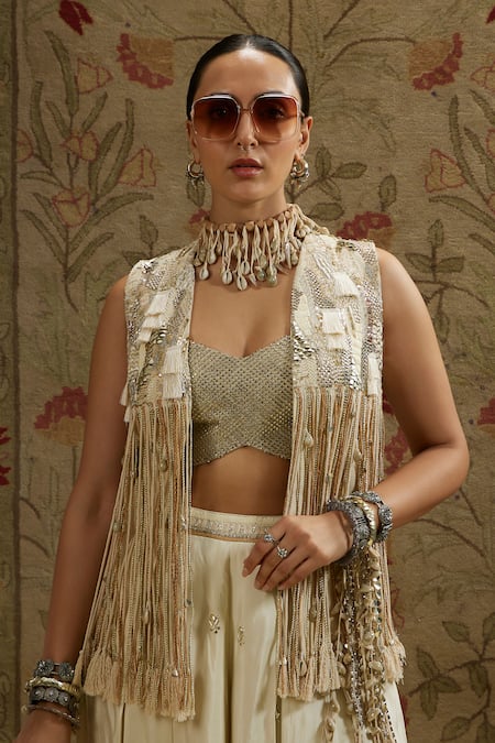 Shop_Sva By Sonam & Paras Modi_Ivory Silk Embroidery, Fringe Round , Open Jacket And Flared Pant Set