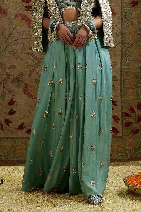 Sva By Sonam & Paras Modi Blue Silk Fringe, Embroidery Open Neck Jacket And Pant Set Online at Aza Fashions Sva By Sonam & Paras Modi_Blue Silk Fringe, Embroidery Open Neck Jacket And Pant Set_Online_at_Aza_Fashions