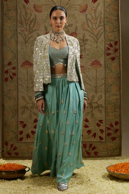 Buy Sva By Sonam & Paras Modi Blue Silk Fringe, Embroidery Open Neck Jacket And Pant Set Online at Aza Fashions Buy_Sva By Sonam & Paras Modi_Blue Silk Fringe, Embroidery Open Neck Jacket And Pant Set_Online_at_Aza_Fashions