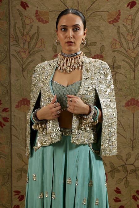 Sva By Sonam & Paras Modi Blue Silk Fringe, Embroidery Open Neck Jacket And Pant Set at Aza Fashions Sva By Sonam & Paras Modi_Blue Silk Fringe, Embroidery Open Neck Jacket And Pant Set_at_Aza_Fashions