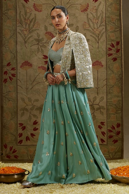 Buy Sva By Sonam & Paras Modi Blue Silk Fringe, Embroidery Open Neck Jacket And Pant Set Buy_Sva By Sonam & Paras Modi_Blue Silk Fringe, Embroidery Open Neck Jacket And Pant Set