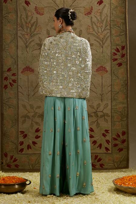 Shop Sva By Sonam & Paras Modi Blue Silk Fringe, Embroidery Open Neck Jacket And Pant Set at Aza Fashions Shop_Sva By Sonam & Paras Modi_Blue Silk Fringe, Embroidery Open Neck Jacket And Pant Set_at_Aza_Fashions