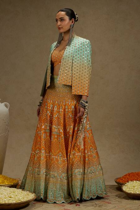 Sva By Sonam & Paras Modi_Orange Crepe Beads Sweetheart Neck, Open Floral Mughal Print Jacket Lehenga Set_Online_at_Aza_Fashions