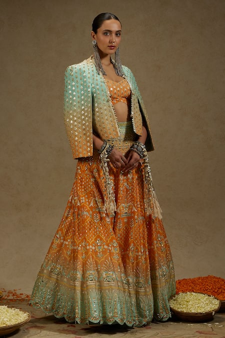 Buy_Sva By Sonam & Paras Modi_Orange Crepe Beads Sweetheart Neck, Open Floral Mughal Print Jacket Lehenga Set_Online_at_Aza_Fashions