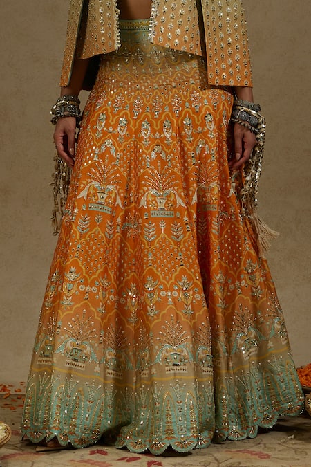 Sva By Sonam & Paras Modi_Orange Crepe Beads Sweetheart Neck, Open Floral Mughal Print Jacket Lehenga Set_at_Aza_Fashions