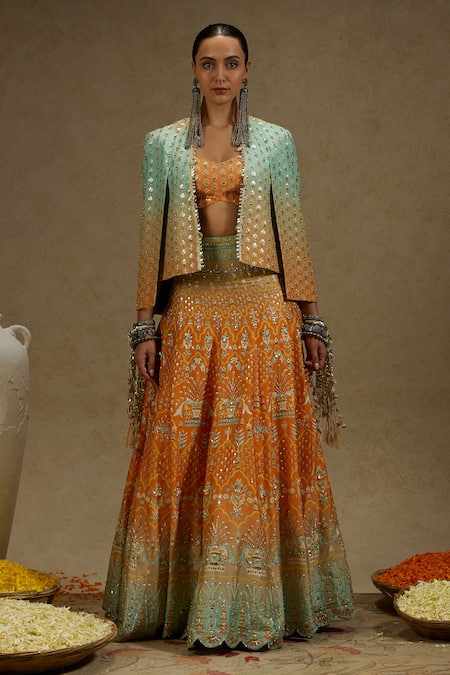 Buy_Sva By Sonam & Paras Modi_Orange Crepe Beads Sweetheart Neck, Open Floral Mughal Print Jacket Lehenga Set