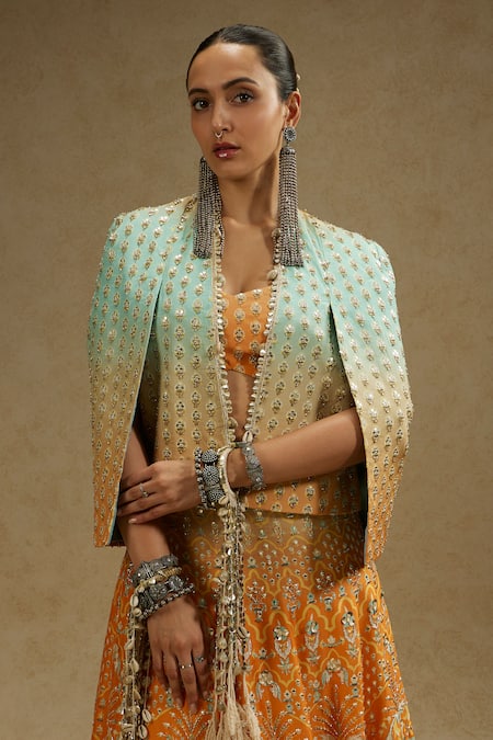 Shop_Sva By Sonam & Paras Modi_Orange Crepe Beads Sweetheart Neck, Open Floral Mughal Print Jacket Lehenga Set