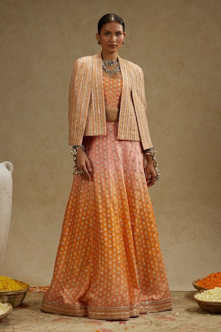 Sva By Sonam & Paras Modi_Orange Silk Beads, Embroidery Sweetheart Neck, Floral Embellished Lehenga Set_Online_at_Aza_Fashions
