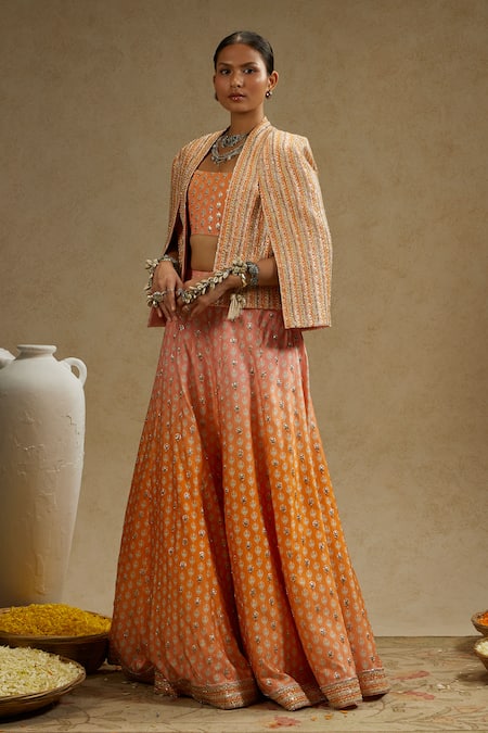 Buy_Sva By Sonam & Paras Modi_Orange Silk Beads, Embroidery Sweetheart Neck, Floral Embellished Lehenga Set_Online_at_Aza_Fashions