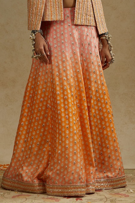 Sva By Sonam & Paras Modi_Orange Silk Beads, Embroidery Sweetheart Neck, Floral Embellished Lehenga Set_at_Aza_Fashions