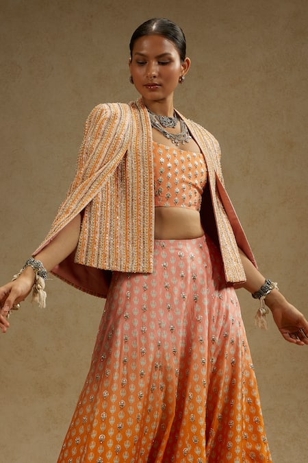 Buy_Sva By Sonam & Paras Modi_Orange Silk Beads, Embroidery Sweetheart Neck, Floral Embellished Lehenga Set