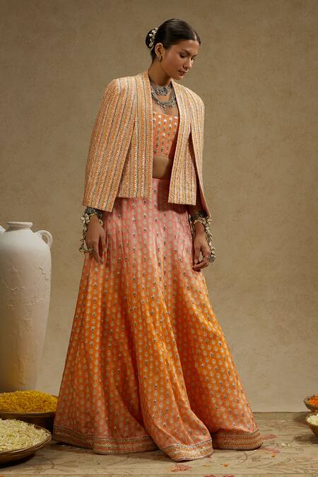 Shop_Sva By Sonam & Paras Modi_Orange Silk Beads, Embroidery Sweetheart Neck, Floral Embellished Lehenga Set