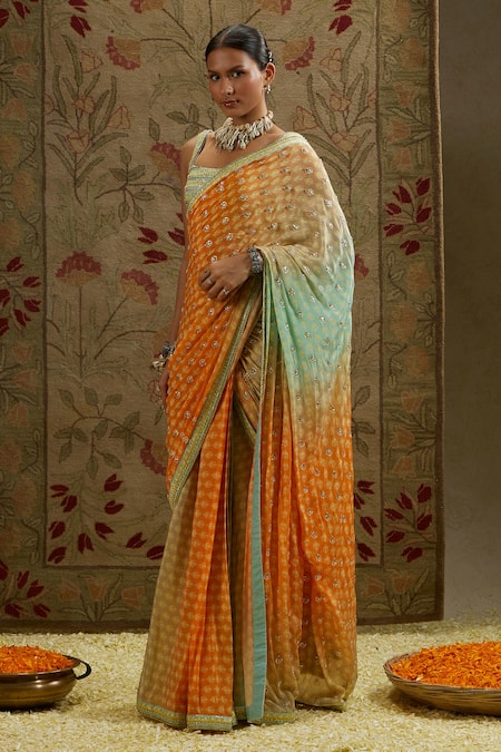 Sva By Sonam & Paras Modi_Green Crepe Beads, Pearls Square Neck Ombre Beaded Saree Set With Bustier_Online_at_Aza_Fashions