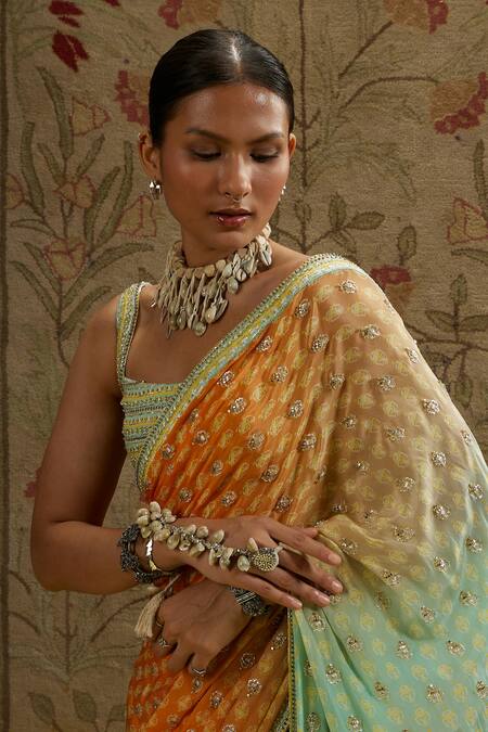 Buy_Sva By Sonam & Paras Modi_Green Crepe Beads, Pearls Square Neck Ombre Beaded Saree Set With Bustier_Online_at_Aza_Fashions