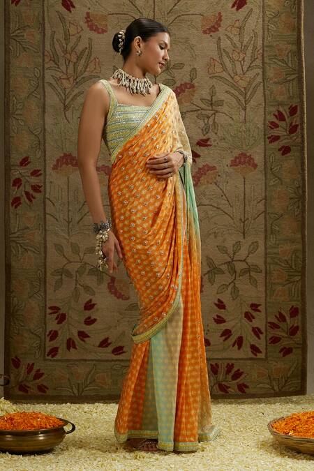 Sva By Sonam & Paras Modi_Green Crepe Beads, Pearls Square Neck Ombre Beaded Saree Set With Bustier_at_Aza_Fashions