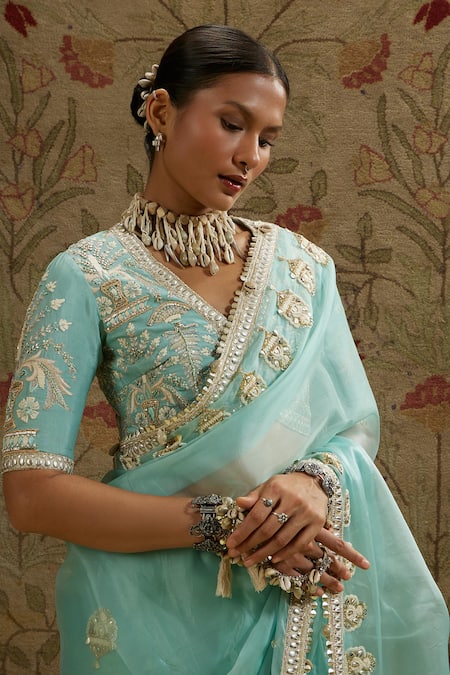 Sva By Sonam & Paras Modi Blue Silk, Organza Pearls, Beads V-neck Embroidered Butta Saree And Bustier Online at Aza Fashions Sva By Sonam & Paras Modi_Blue Silk, Organza Pearls, Beads V-neck Embroidered Butta Saree And Bustier_Online_at_Aza_Fashions