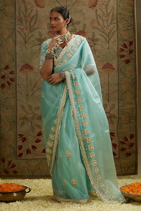 Buy Sva By Sonam & Paras Modi Blue Silk, Organza Pearls, Beads V-neck Embroidered Butta Saree And Bustier Online at Aza Fashions Buy_Sva By Sonam & Paras Modi_Blue Silk, Organza Pearls, Beads V-neck Embroidered Butta Saree And Bustier_Online_at_Aza_Fashions