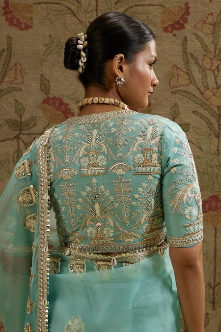 Sva By Sonam & Paras Modi Blue Silk, Organza Pearls, Beads V-neck Embroidered Butta Saree And Bustier at Aza Fashions Sva By Sonam & Paras Modi_Blue Silk, Organza Pearls, Beads V-neck Embroidered Butta Saree And Bustier_at_Aza_Fashions