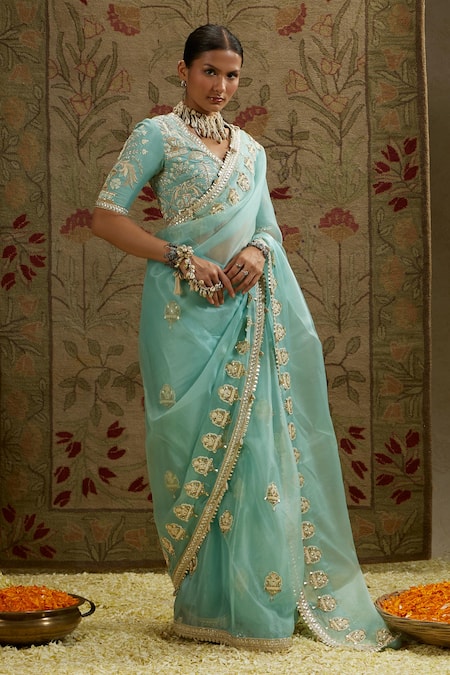 Buy Sva By Sonam & Paras Modi Blue Silk, Organza Pearls, Beads V-neck Embroidered Butta Saree And Bustier Buy_Sva By Sonam & Paras Modi_Blue Silk, Organza Pearls, Beads V-neck Embroidered Butta Saree And Bustier