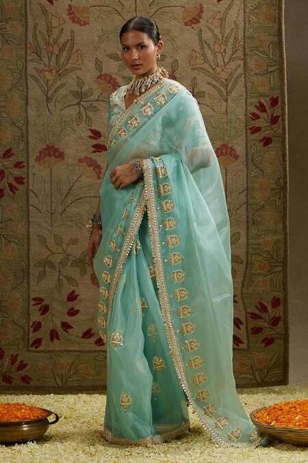 Shop Sva By Sonam & Paras Modi Blue Silk, Organza Pearls, Beads V-neck Embroidered Butta Saree And Bustier Shop_Sva By Sonam & Paras Modi_Blue Silk, Organza Pearls, Beads V-neck Embroidered Butta Saree And Bustier