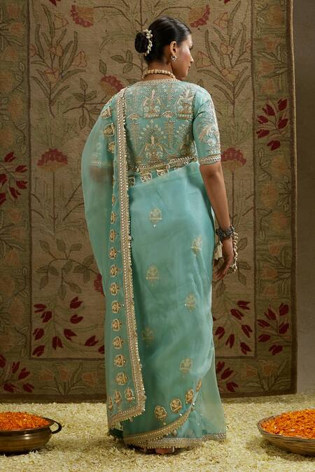 Shop Sva By Sonam & Paras Modi Blue Silk, Organza Pearls, Beads V-neck Embroidered Butta Saree And Bustier at Aza Fashions Shop_Sva By Sonam & Paras Modi_Blue Silk, Organza Pearls, Beads V-neck Embroidered Butta Saree And Bustier_at_Aza_Fashions