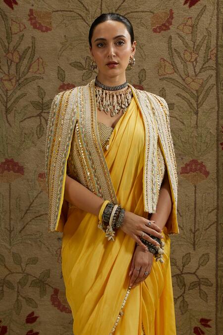 Sva By Sonam & Paras Modi Yellow Silk Beads Sweetheart , Open Embellished Saree And Jacket Set Online at Aza Fashions Sva By Sonam & Paras Modi_Yellow Silk Beads Sweetheart , Open Embellished Saree And Jacket Set_Online_at_Aza_Fashions
