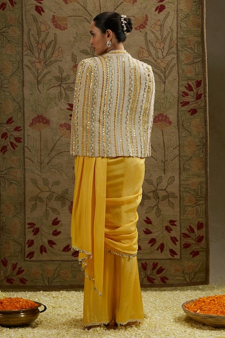 Shop Sva By Sonam & Paras Modi Yellow Silk Beads Sweetheart , Open Embellished Saree And Jacket Set at Aza Fashions Shop_Sva By Sonam & Paras Modi_Yellow Silk Beads Sweetheart , Open Embellished Saree And Jacket Set_at_Aza_Fashions