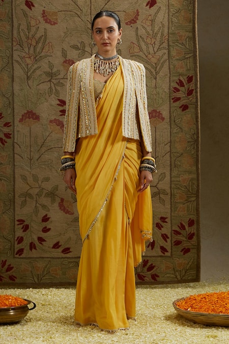 Buy Sva By Sonam & Paras Modi Yellow Silk Beads Sweetheart , Open Embellished Saree And Jacket Set Online at Aza Fashions Buy_Sva By Sonam & Paras Modi_Yellow Silk Beads Sweetheart , Open Embellished Saree And Jacket Set_Online_at_Aza_Fashions