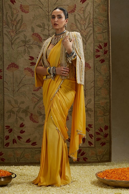 Sva By Sonam & Paras Modi Yellow Silk Beads Sweetheart , Open Embellished Saree And Jacket Set at Aza Fashions Sva By Sonam & Paras Modi_Yellow Silk Beads Sweetheart , Open Embellished Saree And Jacket Set_at_Aza_Fashions