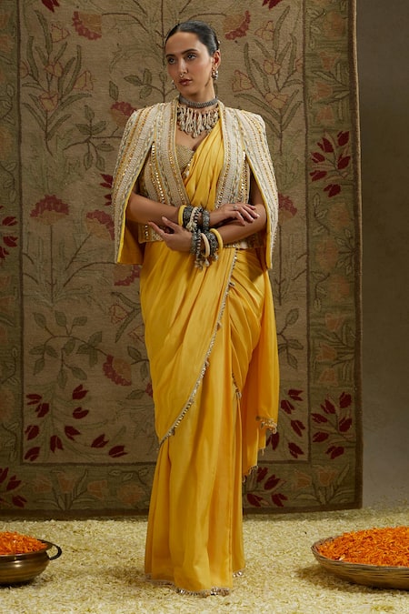 SVA by Sonam & Paras Modi Embellished Yellow Saree & Jacket Set 