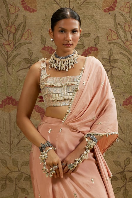 Sva By Sonam & Paras Modi_Gold Crepe Beads Square Neck Shell Embellished Pre-draped Saree And Bustier_Online_at_Aza_Fashions