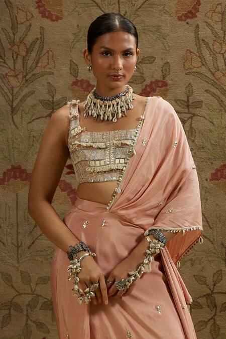 Buy_Sva By Sonam & Paras Modi_Gold Crepe Beads Square Neck Shell Embellished Pre-draped Saree And Bustier_Online_at_Aza_Fashions