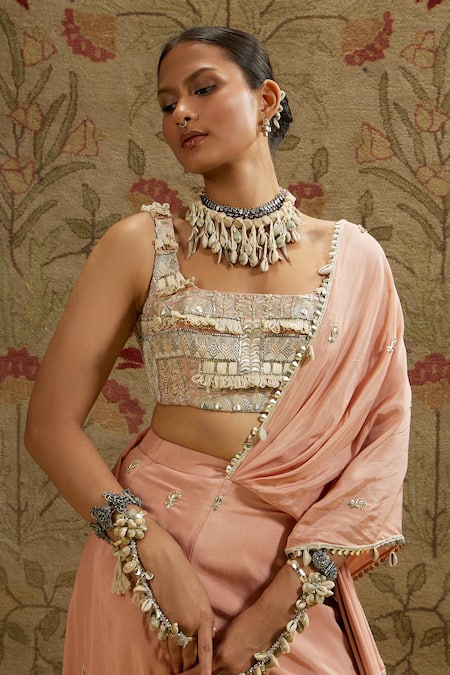 Sva By Sonam & Paras Modi_Gold Crepe Beads Square Neck Shell Embellished Pre-draped Saree And Bustier_at_Aza_Fashions