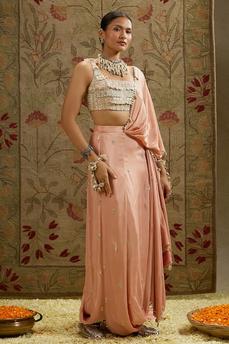Buy_Sva By Sonam & Paras Modi_Gold Crepe Beads Square Neck Shell Embellished Pre-draped Saree And Bustier