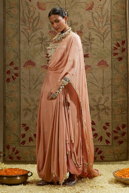 Shop_Sva By Sonam & Paras Modi_Gold Crepe Beads Square Neck Shell Embellished Pre-draped Saree And Bustier