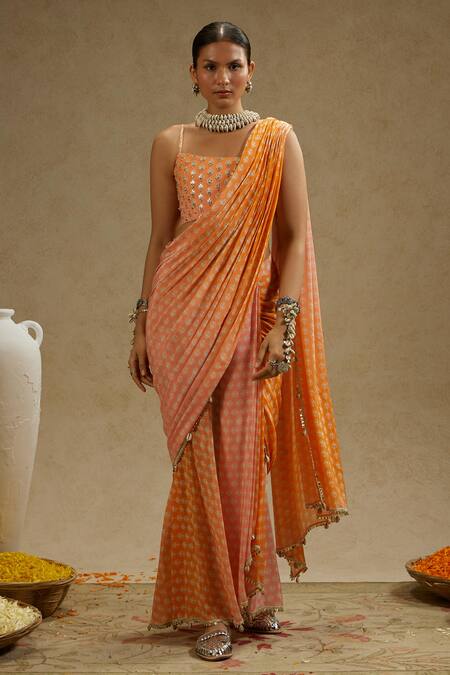 Sva By Sonam & Paras Modi Orange Crepe Beads, Sequins Square Floral Print Ombre Pre-draped Saree And Bustier Online at Aza Fashions Sva By Sonam & Paras Modi_Orange Crepe Beads, Sequins Square Floral Print Ombre Pre-draped Saree And Bustier_Online_at_Aza_Fashions