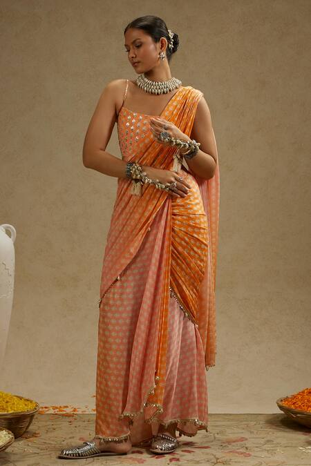Shop Sva By Sonam & Paras Modi Orange Crepe Beads, Sequins Square Floral Print Ombre Pre-draped Saree And Bustier Online at Aza Fashions Shop_Sva By Sonam & Paras Modi_Orange Crepe Beads, Sequins Square Floral Print Ombre Pre-draped Saree And Bustier_Online_at_Aza_Fashions