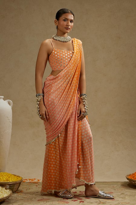 Sva By Sonam & Paras Modi Orange Crepe Beads, Sequins Square Floral Print Ombre Pre-draped Saree And Bustier at Aza Fashions Sva By Sonam & Paras Modi_Orange Crepe Beads, Sequins Square Floral Print Ombre Pre-draped Saree And Bustier_at_Aza_Fashions