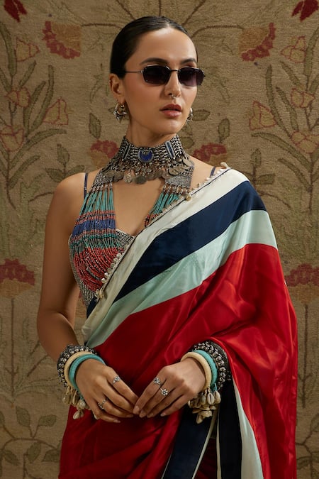 Sva By Sonam & Paras Modi_Black Crepe Beads, Sequins Sweetheart Neck Cascade Mask Print Saree And Bustier_Online_at_Aza_Fashions