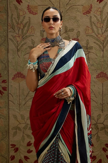 Buy_Sva By Sonam & Paras Modi_Black Crepe Beads, Sequins Sweetheart Neck Cascade Mask Print Saree And Bustier_Online_at_Aza_Fashions