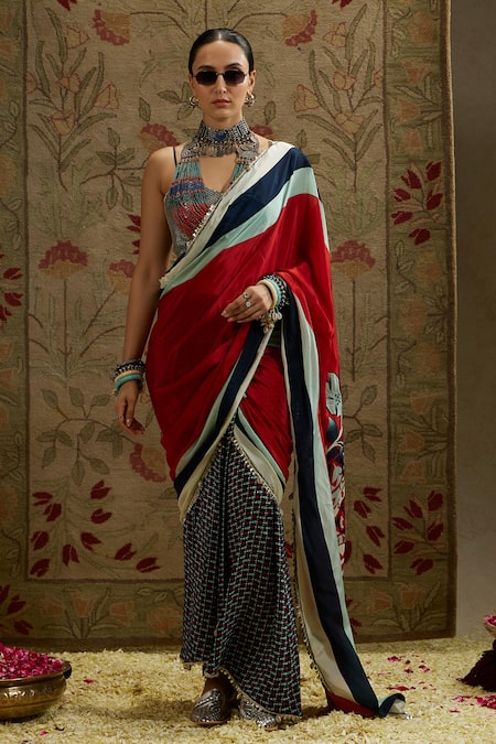 Shop_Sva By Sonam & Paras Modi_Black Crepe Beads, Sequins Sweetheart Neck Cascade Mask Print Saree And Bustier_Online_at_Aza_Fashions