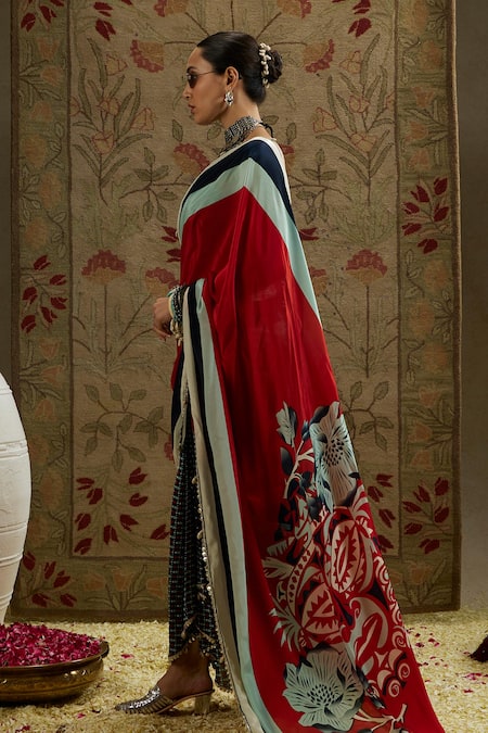 Sva By Sonam & Paras Modi_Black Crepe Beads, Sequins Sweetheart Neck Cascade Mask Print Saree And Bustier_at_Aza_Fashions