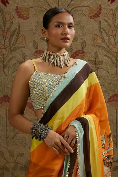 Sva By Sonam & Paras Modi Multi Color Crepe Beads Sweetheart Neck Mask Print Cascade Saree With Bustier Online at Aza Fashions Sva By Sonam & Paras Modi_Multi Color Crepe Beads Sweetheart Neck Mask Print Cascade Saree With Bustier_Online_at_Aza_Fashions