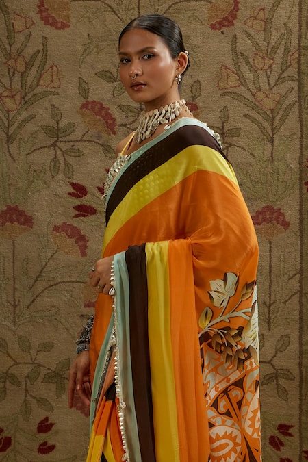 Buy Sva By Sonam & Paras Modi Multi Color Crepe Beads Sweetheart Neck Mask Print Cascade Saree With Bustier Online at Aza Fashions Buy_Sva By Sonam & Paras Modi_Multi Color Crepe Beads Sweetheart Neck Mask Print Cascade Saree With Bustier_Online_at_Aza_Fashions